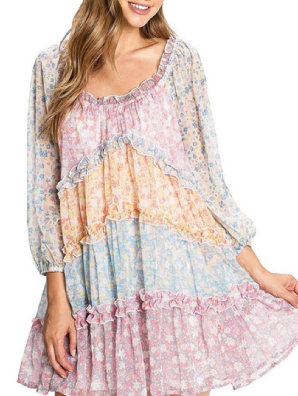 Love Colletee Boho Dress Multicolor Tiered Floral Mini Dress,S,Euc